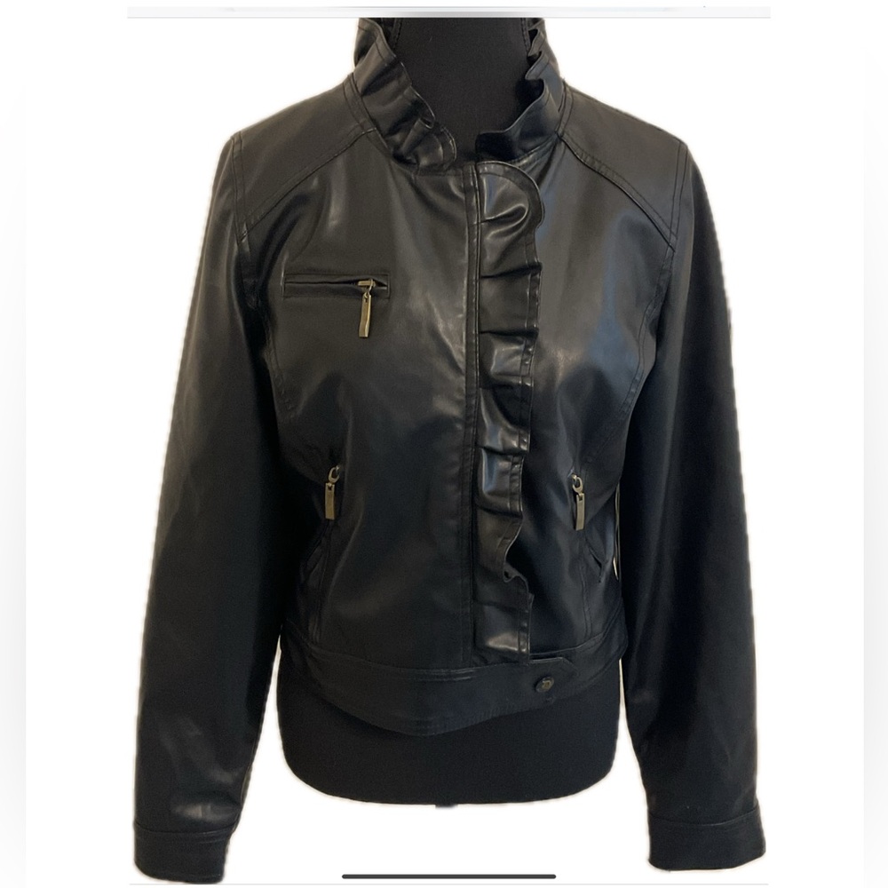 DOLL HOUSE GROOVY Women’s / Junior’s Black Faux LeatherJacket with Ruffles .